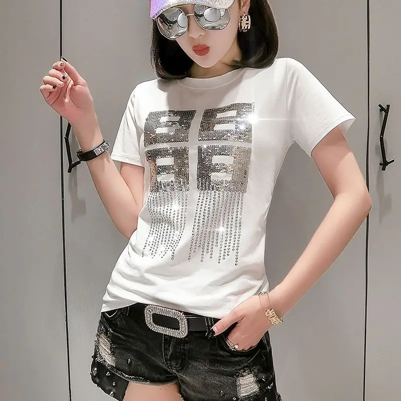 White tshirt Однотонная футболка с блестками и бриллиантами, круглый вырез, новинка, летний офисный женский хлопковый топ, рубашка, Camiseta Mujer, черный, белый цвет, T95107L - Цвет: White tshirt