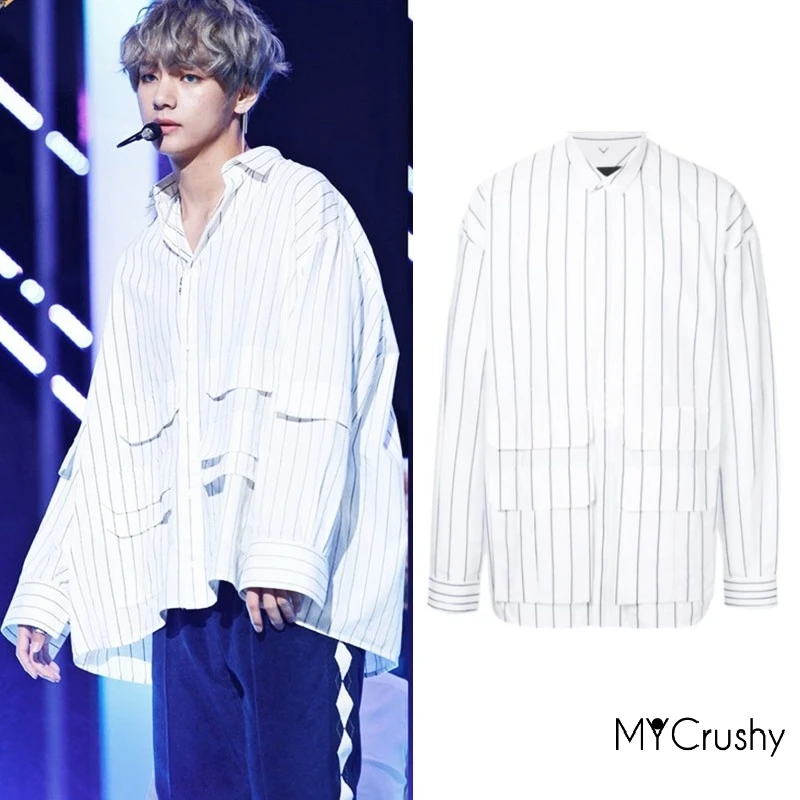 

New V Kim Tae Hyu Same Vertical Stripe Pocket Shirt Blouse Fashion Hiphop Kpop Clothes Bangtan Boys Merch Men Woman Clothing