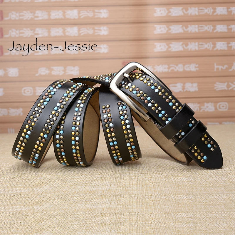Новый цветной кожаный женский ремень ручной работы с цветными заклепками модный