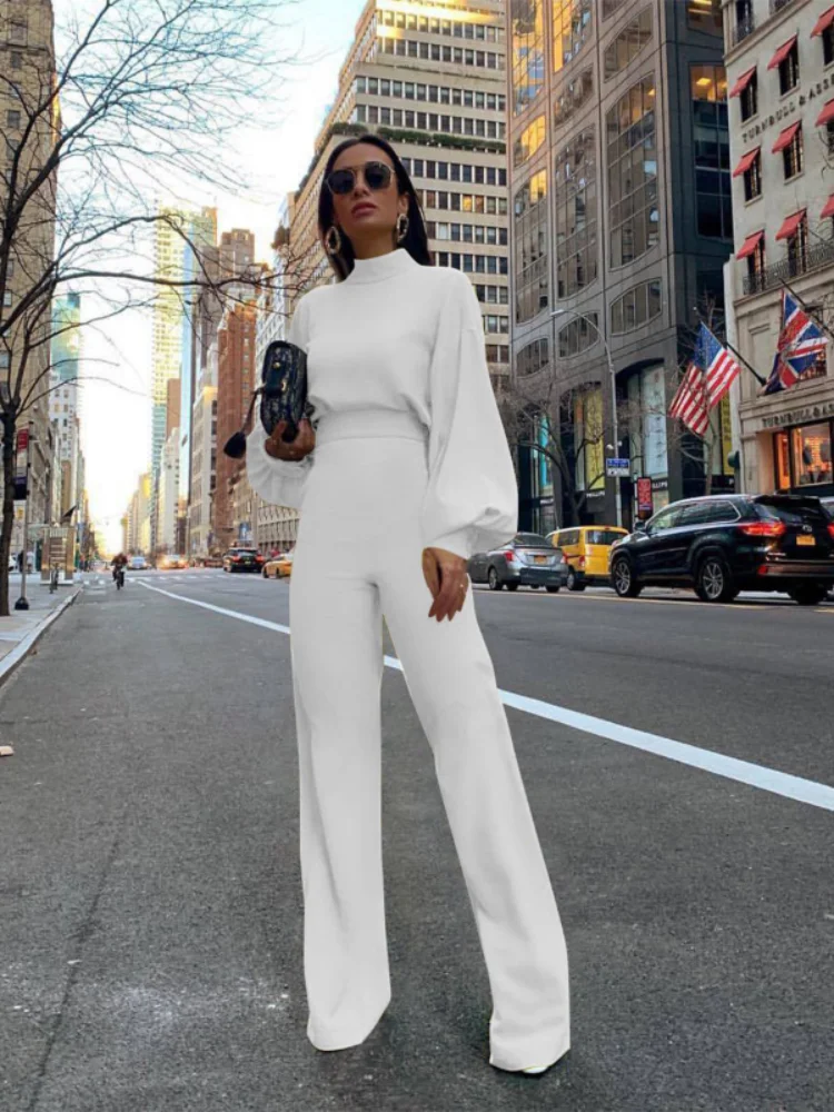 

Sexy Wide Leg Pants Solid Color Turtleneck Backless Long Sleeves Casual One-Piece Trousers Women's Clothing