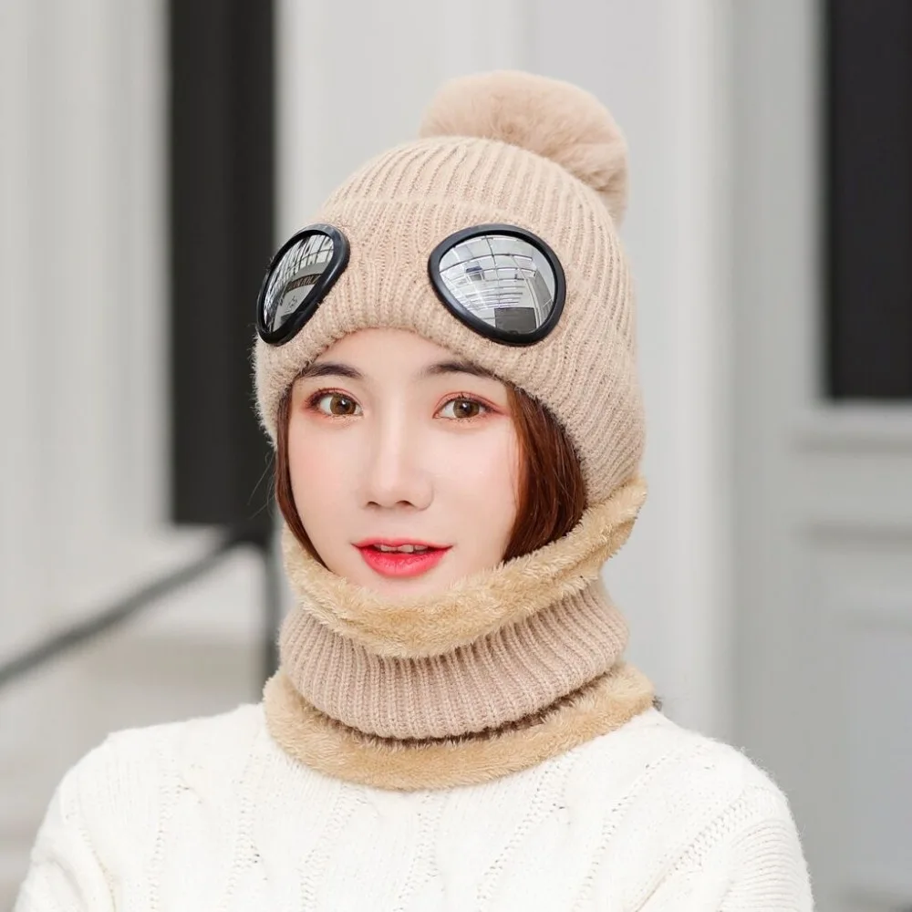 RUHAO зимняя вязаная шапка теплая шапочки Skullies Лыжная Шапка со Съемные очки для женщин и мужчин Кепка для занятий спортом на открытом воздухе