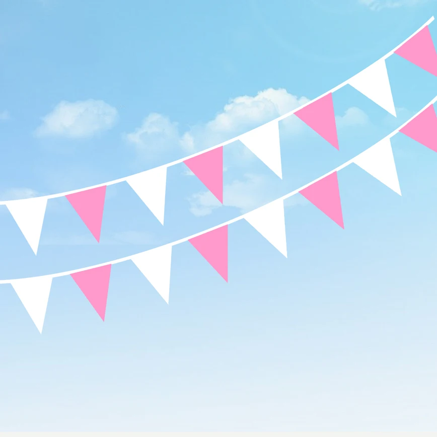 

White & Pink Triangle Flags Banners Silk Pennant Garlands for Wedding Baby Bridal Shower Birthday Bachelorette Party Decorations