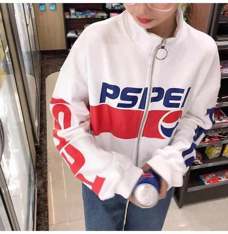 Ulzzang уличный стиль, толстовка на молнии, большие размеры, женская одежда Kpop, осень, Pepsi, графический Укороченный свитшот, женские белые топы