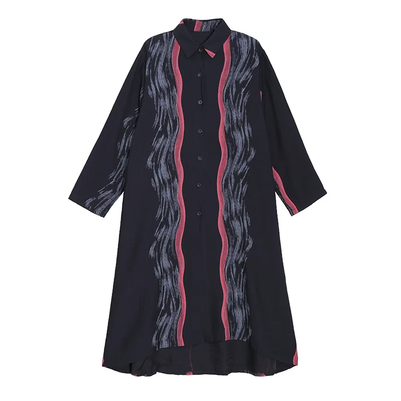

SuperAen Plus Size 2021 Autumn New Slim Loose Print Turn-down Collar Straight Casual Dresses for Women
