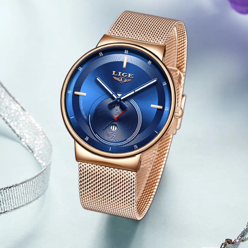 Женские повседневные кварцевые часы LIGE розовое золото синий цвет женские Relogio