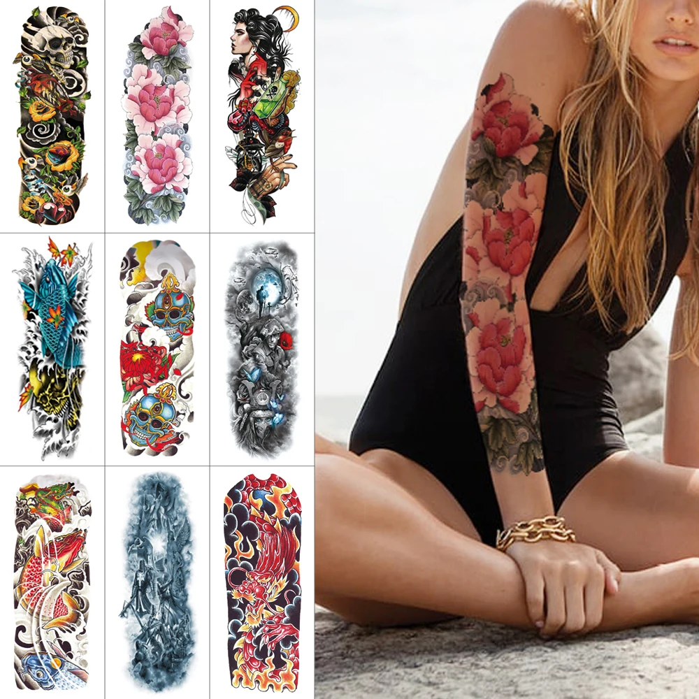 

Large sleeve tattoo sticker lion Dragon carp Temporary tattoo stickers Flower skull Fake light waterproof Full arm tattoo women