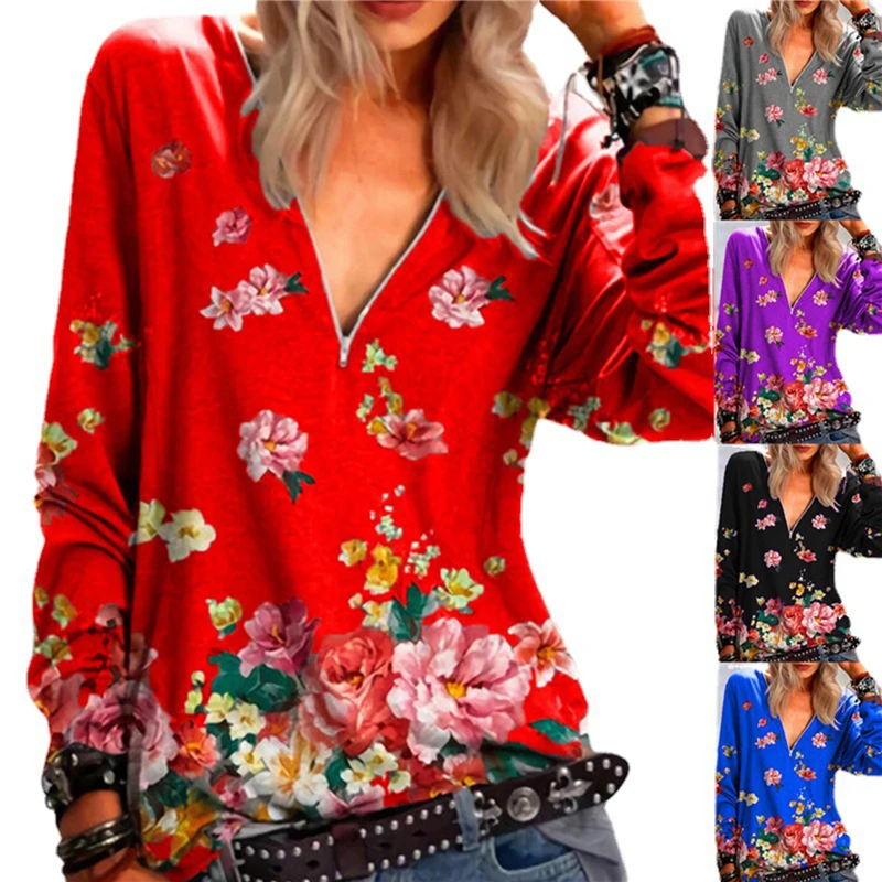 

Woman's T-shirt 2021 Spring And Summer New Fashion Zipper V-neck Printed Long Sleeve Casual Plus Size Soft Thin Top
