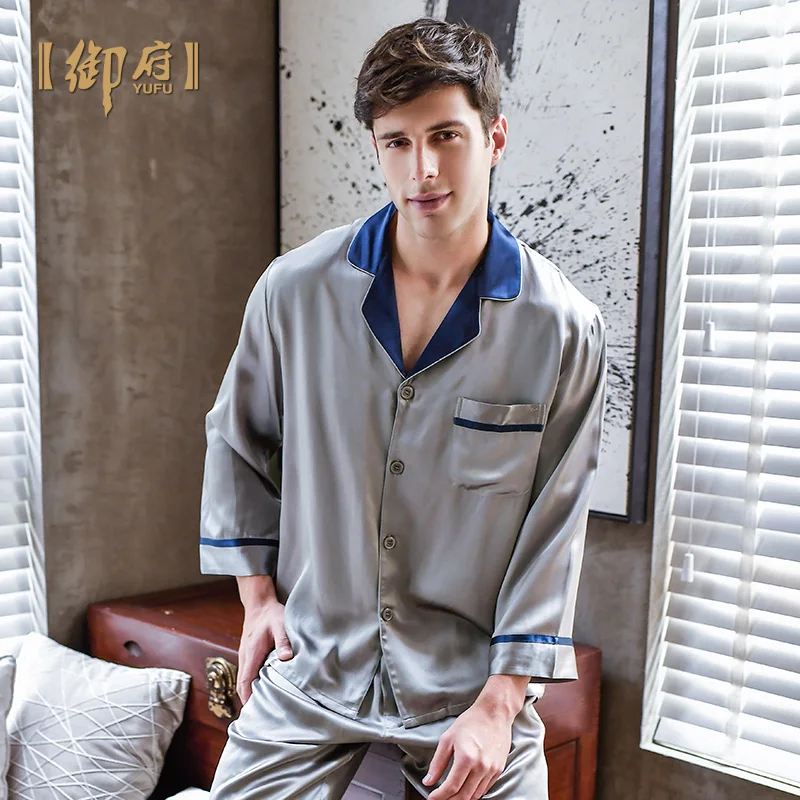 

★Шелковая пижама для мужчин и двух костюмов, брюки с длинным рукавом, осенняя пижама из 100% шелка тутового шелкопряда, домашняя пижама