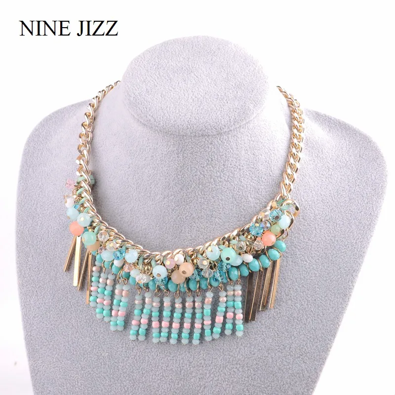

NINEJIZZ Cat Eye Bead Necklace Handmade Braided Crystal Long Tassel Bead Gold Choker Necklace Statement Jewelry For Women