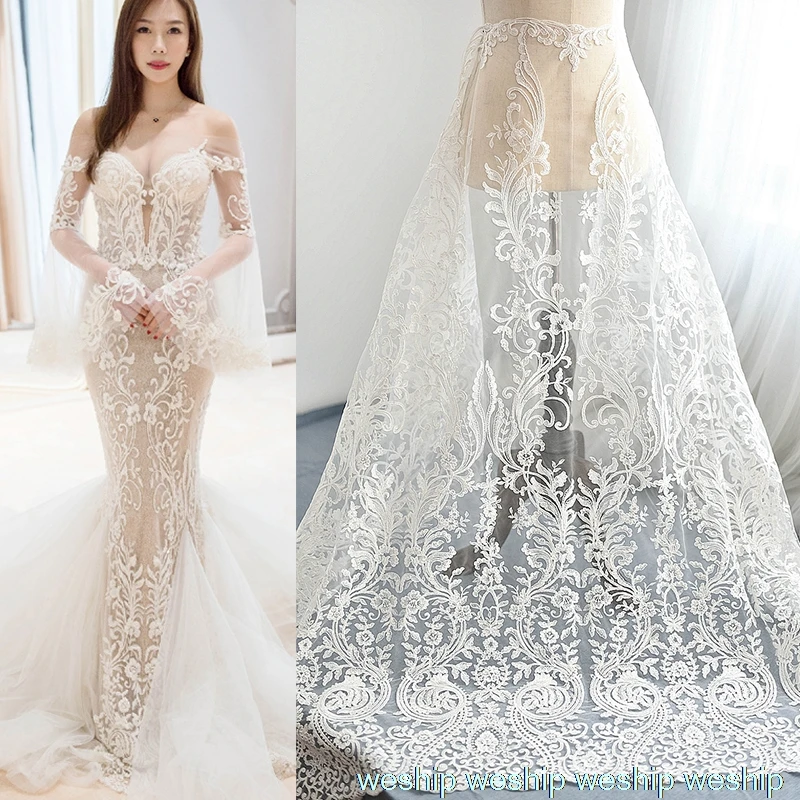 1 ярд белая сетчатая ткань с блестками вышивкой кружевная для свадебного платья