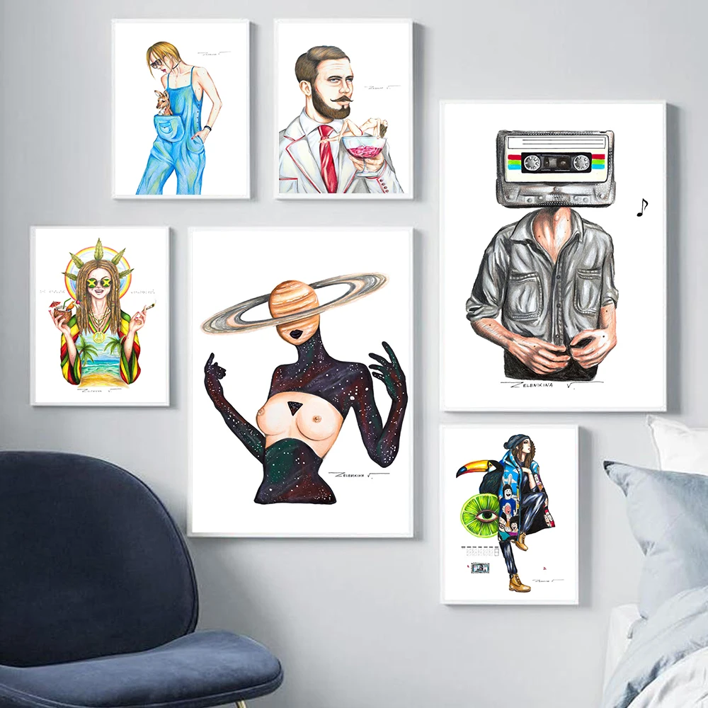 

Abstract Men Power Canvas Wall Art Women Saturn Head Music Print Nordic Posters Jamaica Mama Pictures Unique Living Room Decor