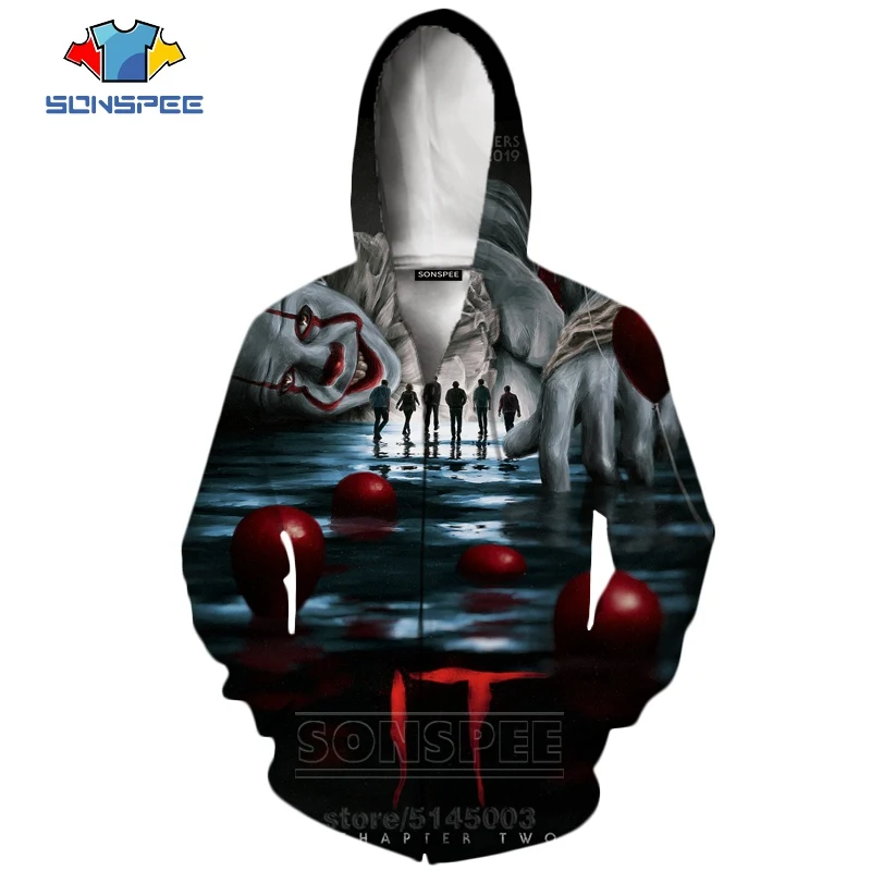 It Chapter две молнии толстовки Новые мужские и женские Pennywise клоун Толстовка 3D принт фильм ужасов с длинным рукавом Мода Топ пальто C063-3