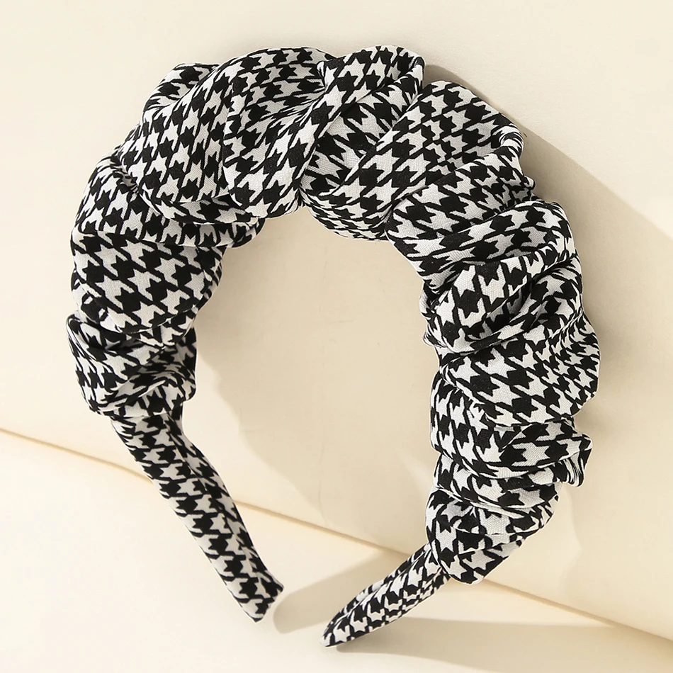 

Houndstooth Printing Wrinkled Folds Headbands Girls Wide Hairband Hair Hoops Bezel Ruched Checkerboard Hair Bands for Women