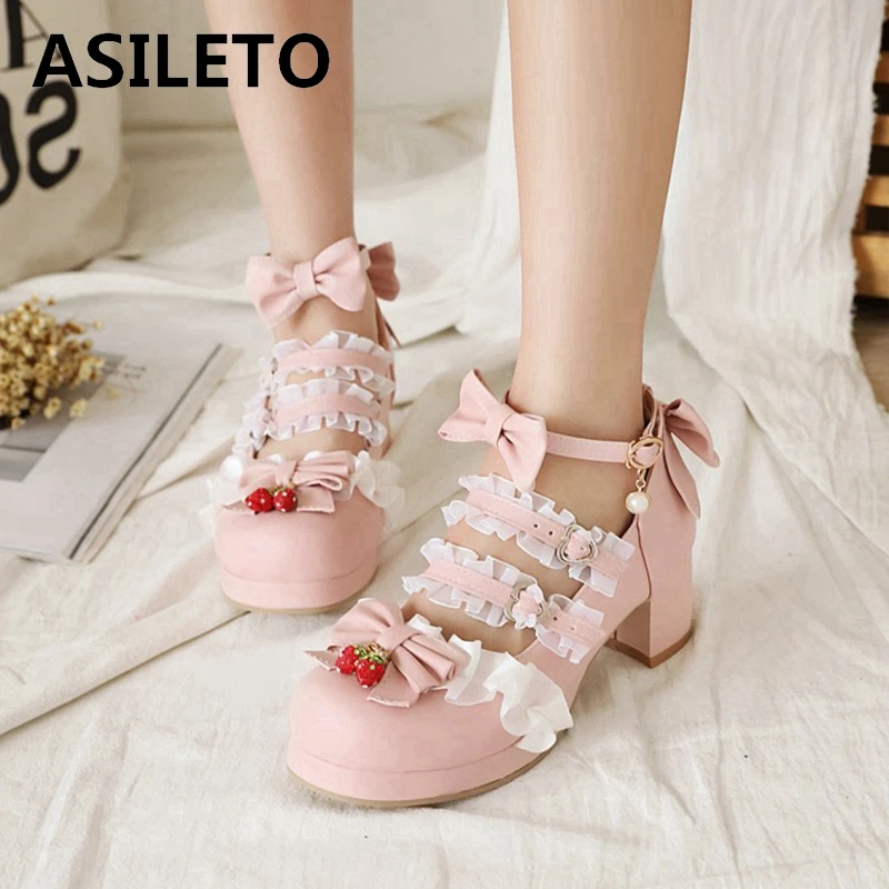 

ASILETO Ladies Sweet Cute Lolita Cosplay Strawberry Pumps Lace Square Toe 4cm Thick Heels Bowtie Buckle Big Size 30-48 A3259