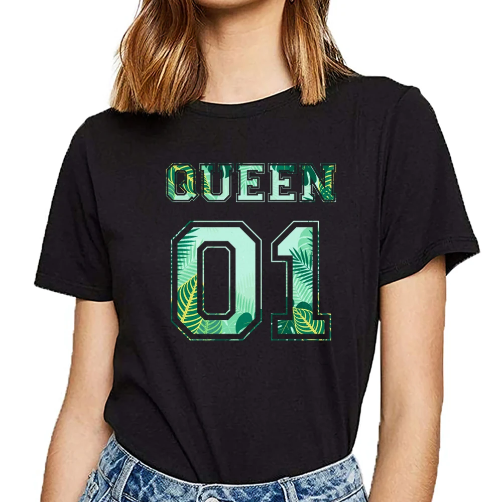 

Tops T Shirt Women king and queen Kawaii Inscriptions Short Female Tshirt