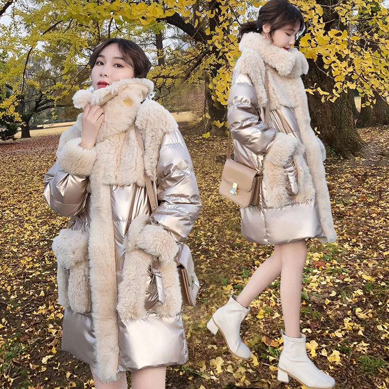 

Bright Face Down Jacket Women New Long 90% White Duck Down Outerwear Fashion Lambswool Warm Winter Jacket Casual Parka Overcoat