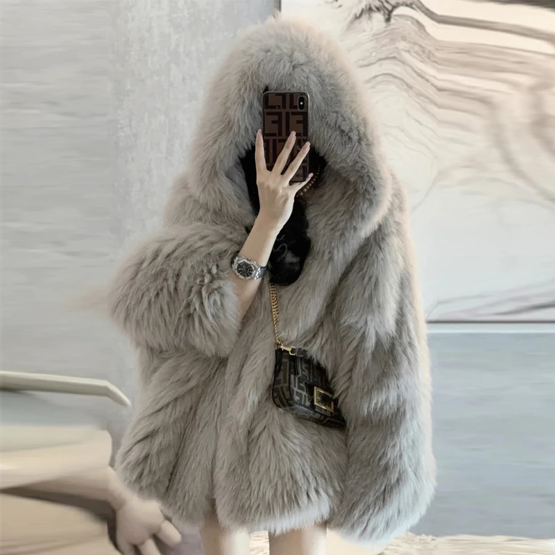 Elegant Furry Fur Coat Women Fluffy Warm Long Sleeve Female Outerwear Winter Hooded Coat Imitation Fox Fur Jacket Hairy Overcoat