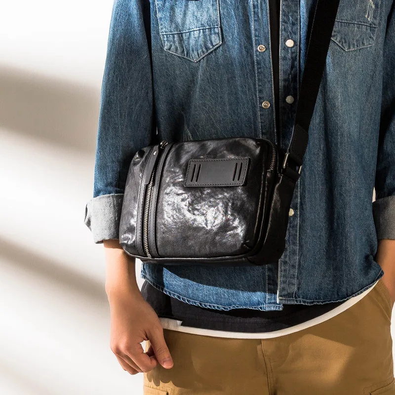 Simple casual luxury first layer cowhide men black square messenger bag retro designer outdoor weekend work ipad shoulder bag