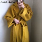 Шикарные желтые шерстяные Длинные куртки, женские утепленные осенне-зимние свободные пальто из смешанной шерсти с карманами и поясом, Женская Корейская одежда большого размера из шерсти