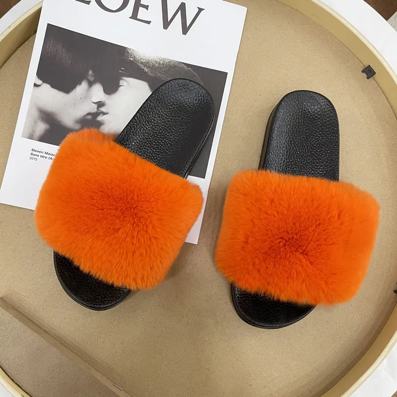 

Newest Real Rex Rabbit Fur Slippers Summer Vogue Leopard Slides Cozy Slip On Flats Fur Shoes Rex Rabbit Fur Slippers Fashion