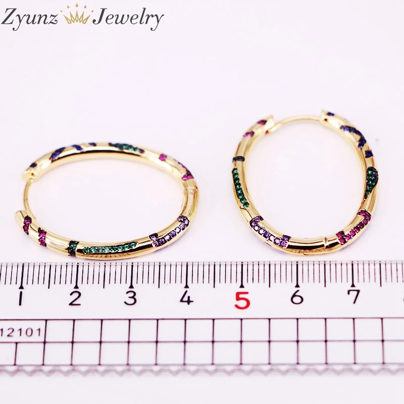 

3 Pairs, Gold Color Rainbow CZ Micro Pave Oval Earrings For Women Fashion Hoop Earrings CZ Jewelry Party Gift