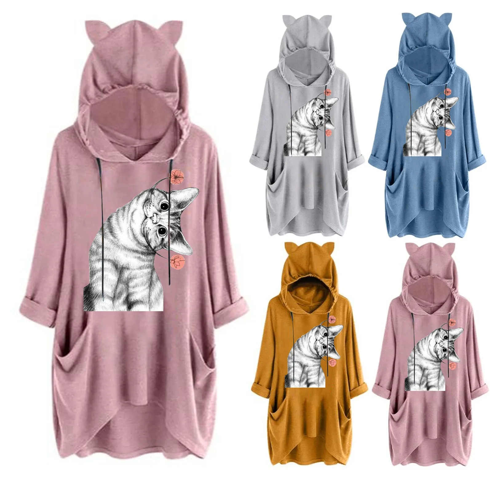

NEW Fashion Cat Ear Cap Hoodies Women Cat Printing Hooded Sweatshirts Gray Top Cute Long Sleeve Loose Pullover Girls Mujer f5