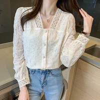 spring autumn new korean women lace shirt lantern sleeve pullover straight v neck blouses office lady clothes hollow out