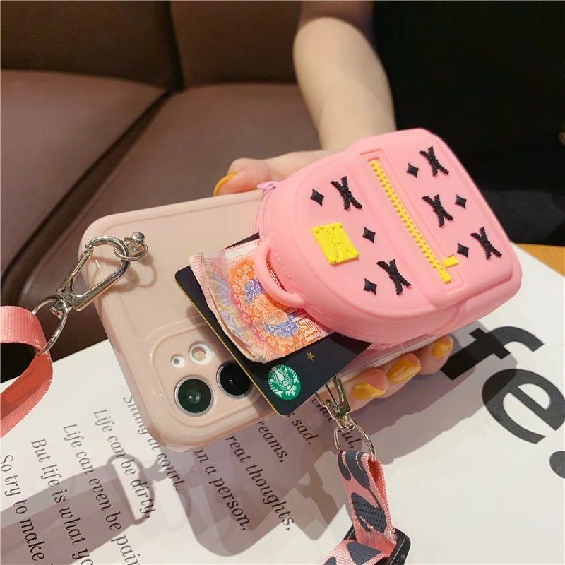 

Coin Pocket Phone Case For iPhone 11 pro max Soft Back Cover iP XR X/XSMAX Cartoon Mobile Shell SE2 Cute Bear bag 7/8plus +strap