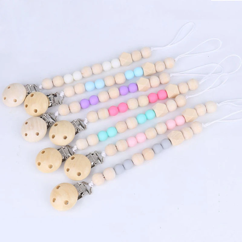 Baby Pacifier Clip Chain Silicone Beads Wooden Holder Soother Clips Nipple for Infant Bottle | Мать и ребенок