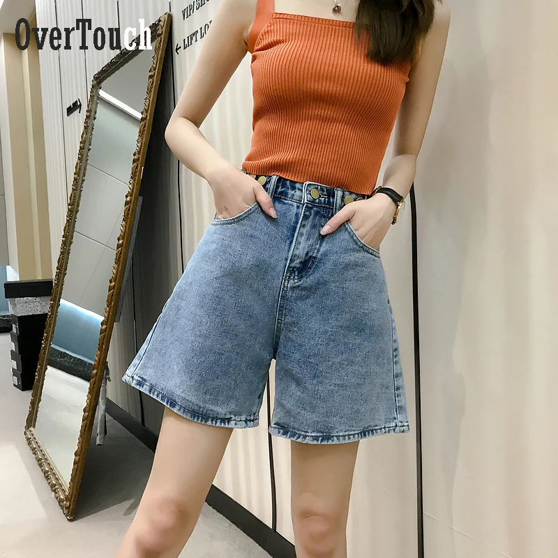 

Summer Vintage Women High Waist Button Blue Denim Shorts Casual Female Solid Color Wide Leg LooseWhite Jeans Shorts