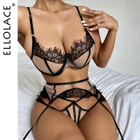 ellolace sexy sensual lingerie 3 piece transparent patchwork lace underwear push up underwire bra set lace exotic intimate