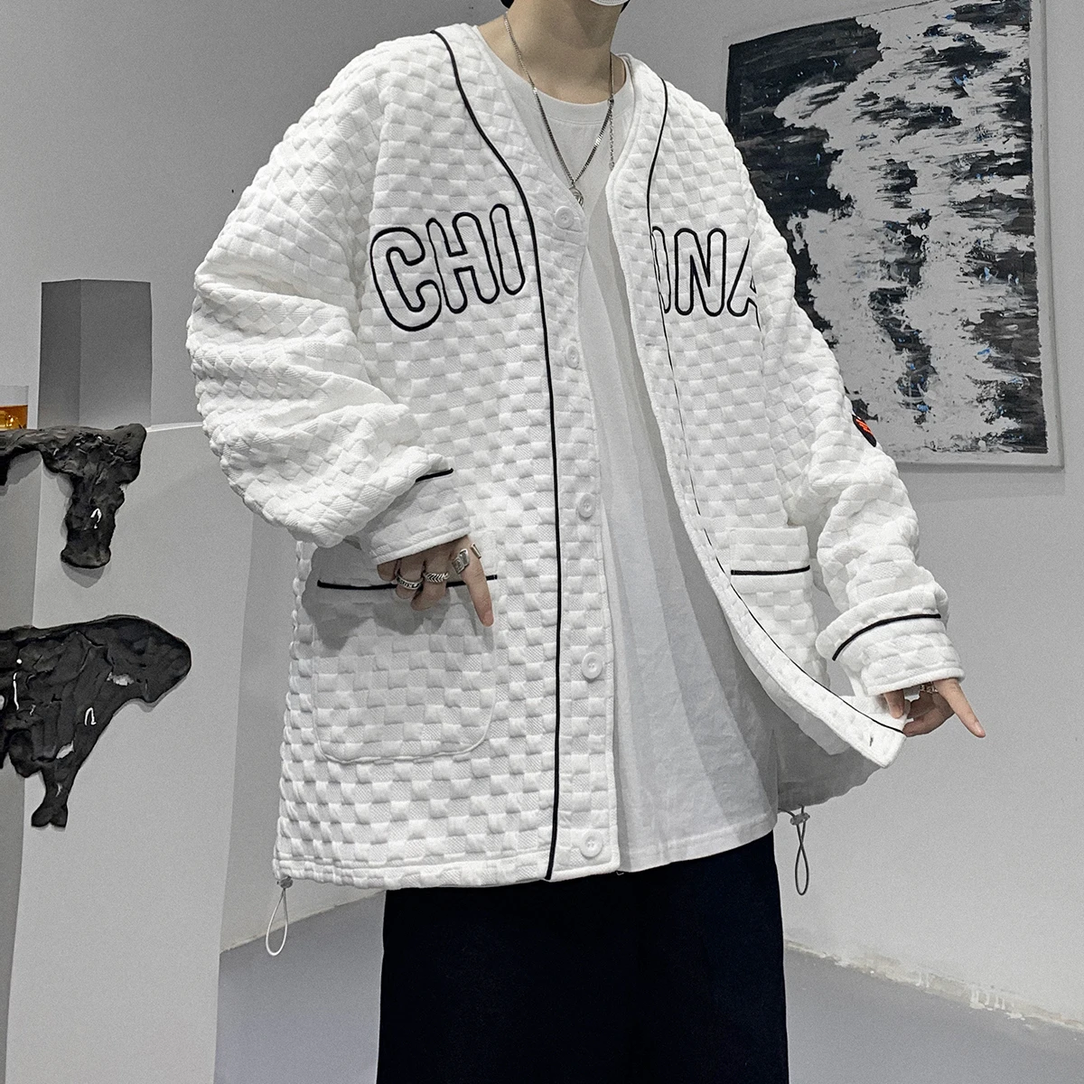 

Bomber Jacket Men Fashion Waffle Casual Jacket Coat Men 2021 Autumn Winter New Embroidery Hot Outwear Loose Jacket Mens