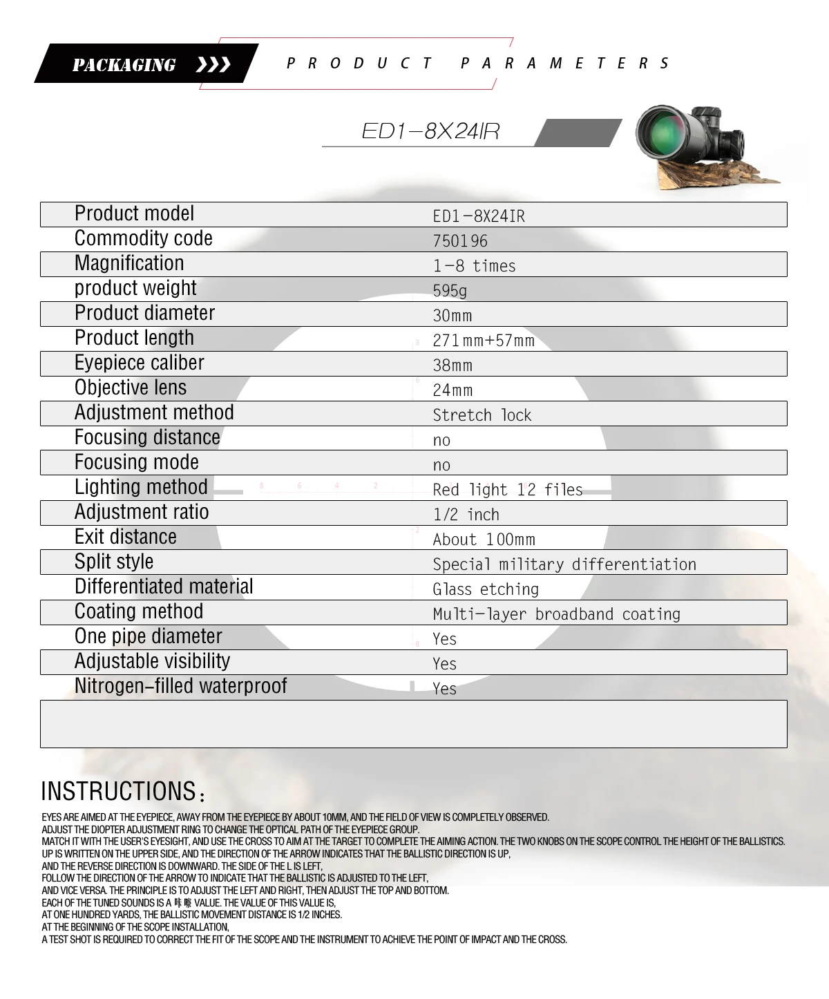 TEAGLE ED 1-8x24 IR Lange Eye Relief охотничий прицел тактический оптический прицел Verlichte Red Rifle Scope fit 30-06 308 AR1