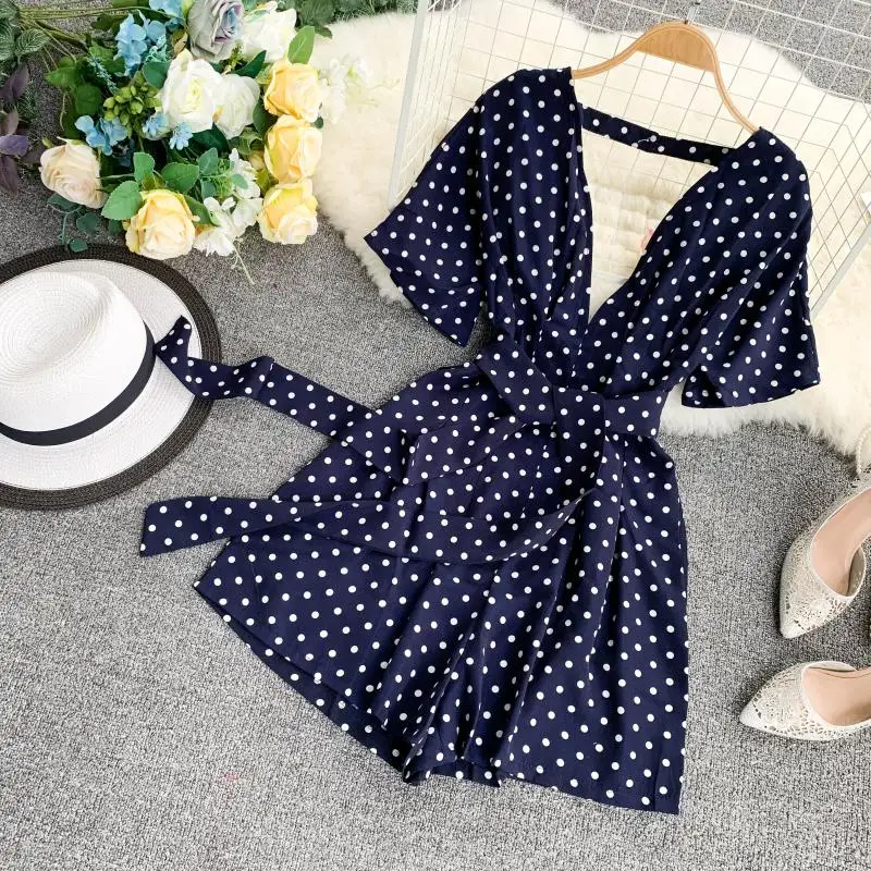 

2021 Polka Dot V-Neck Short Jumpsuit for Women Sleeve Playsuits Retro Backless Drawstring Slim Waist Beach Bodysuit