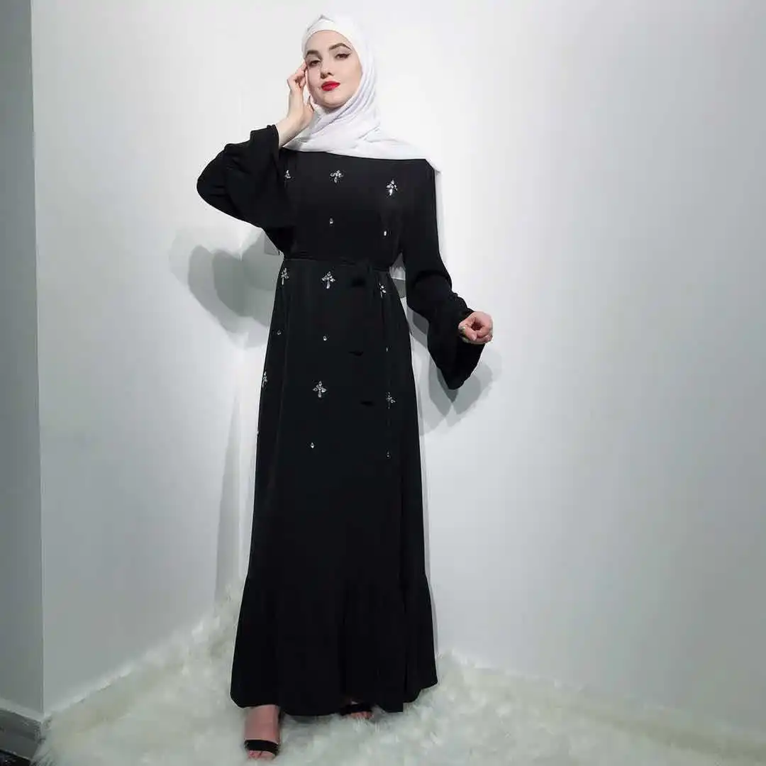 New Hand Made Diamond Beading Muslim Peignoir Robes Dubai Fashion Female Full Length Ruffles Abaya Dress with Belt 2021 | Тематическая