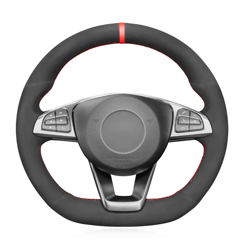 

Hand-stitched Black Suede Red Marker Car Steering Wheel Cover for Mercedes Benz C200 C250 C300 B250 B260 A200 A250 Sport CLA22