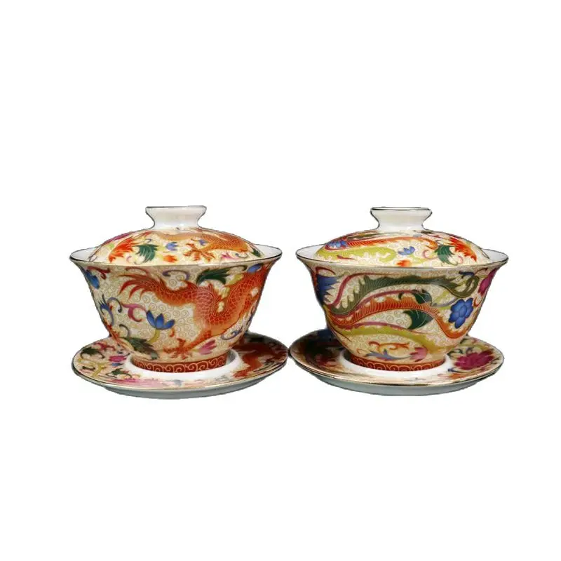 Chinese Old Porcelain A Pair Of Gold-Painted Pastel Dragon Phoenix Pattern Bowls Fu Tea Bowl