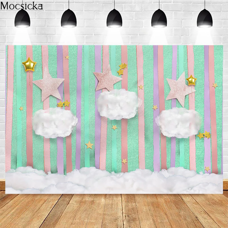 

Mocsicka Baby Shower Photography Background Clouds Stars Stripes Backdrop Decoration Children Portrait Photo Props Banner