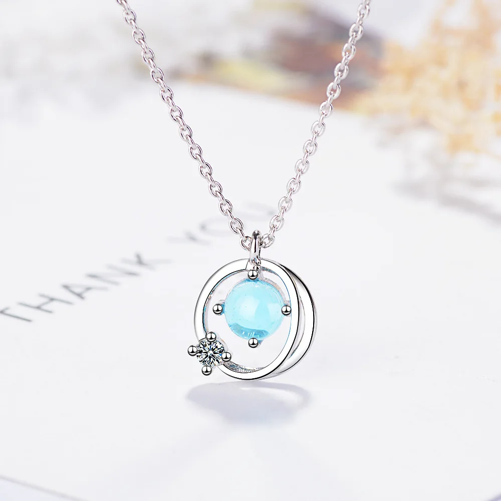 Изысканный 925 серебряный цвет Сверкающий Круглый Синий Кулон планет ожерелья для