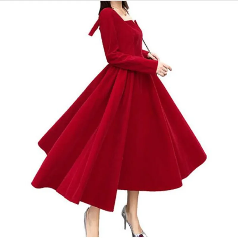 Винтажное красное платье миди в стиле бохо весна осень новое однотонное с