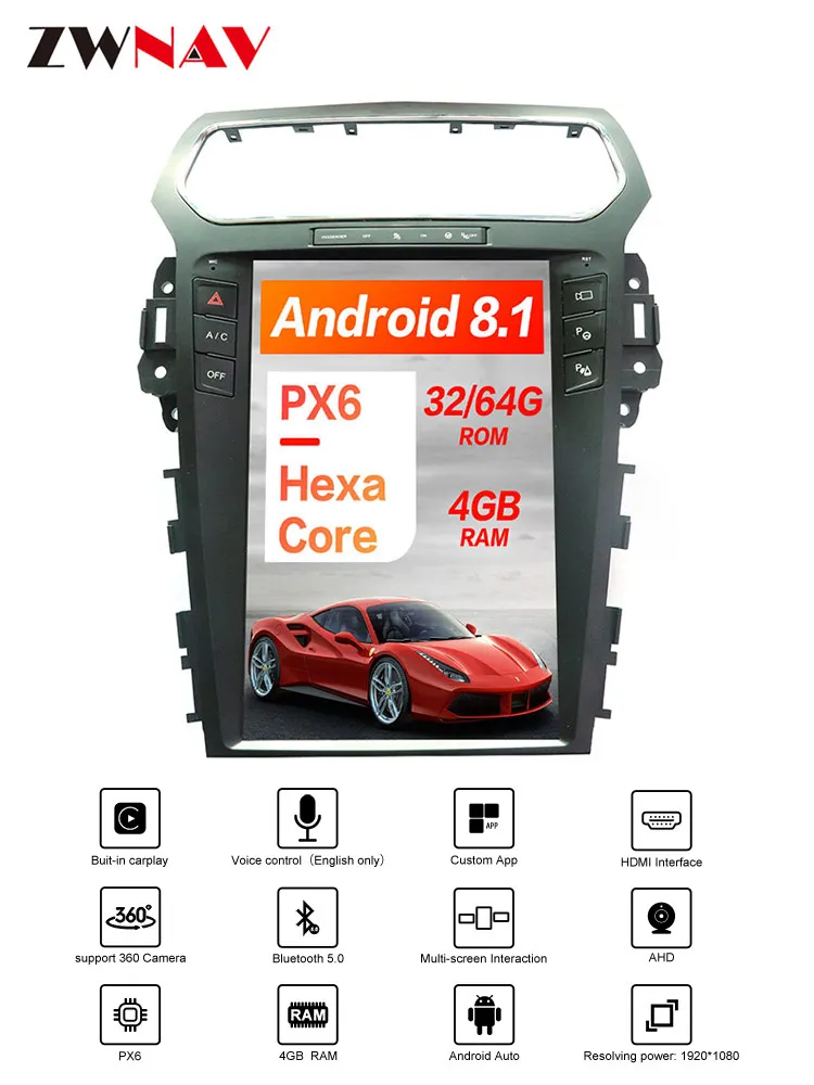 PX6 4GB RAM Tesla style Android 9.0 Car GPS Navigation For Ford Explorer 2011+ Auto A/C head unit multimedia radio tape recorder