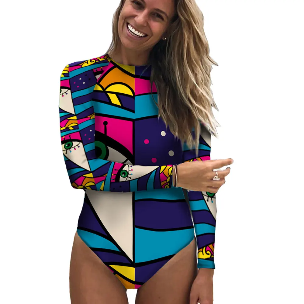 

Женский сексуальный слитный купальник с длинным рукавом, женская пляжная одежда с абстрактным принтом, боди, костюм для серфинга, купальный...