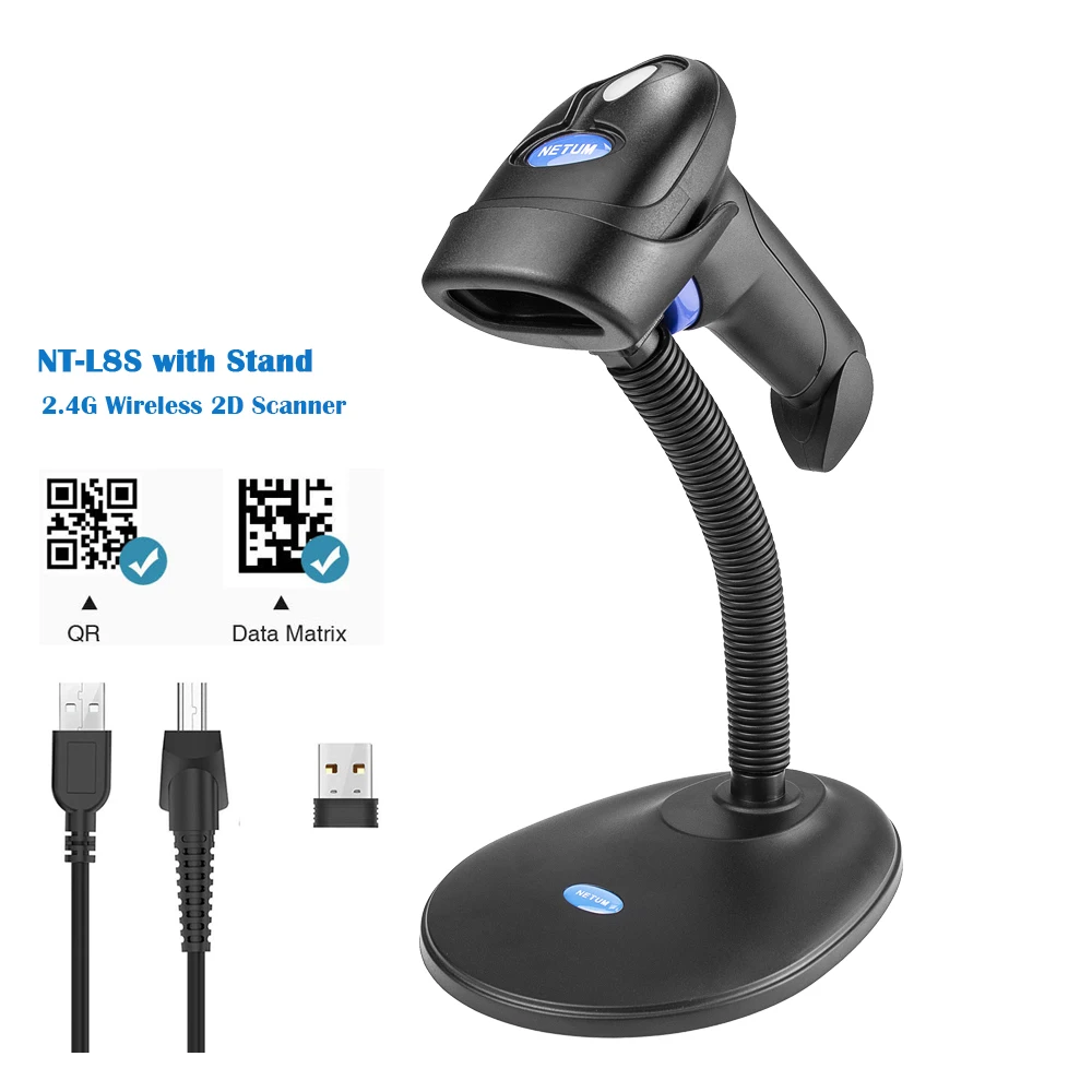 

New NETUM L8S Wireless 2D Barcode Scanner with Stand Automatic Sensing Scanning QR Bar code Reader PDF417 for mobile payment .