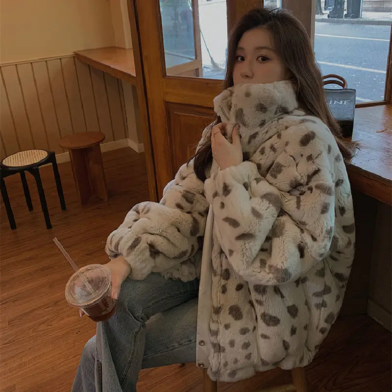 

Women Winter Fluffy Warm Soft Faux Fur Jacket Women Long Sleeve Stand Collar Leopard Coat Imitation Rex Rabbit Fur Outwear N167