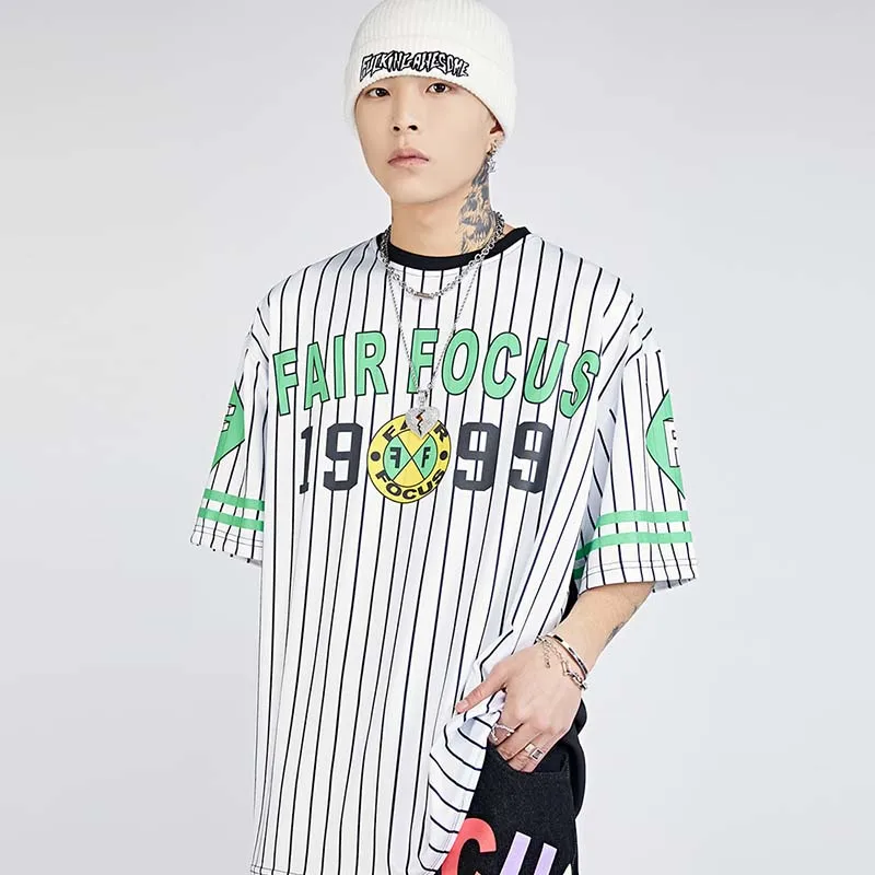 

KIOVNO Fashion Men Summer Stripe Shirts Hip Hop Baseball Streetwear Shirt Tops Male Patchwork Short Sleeves