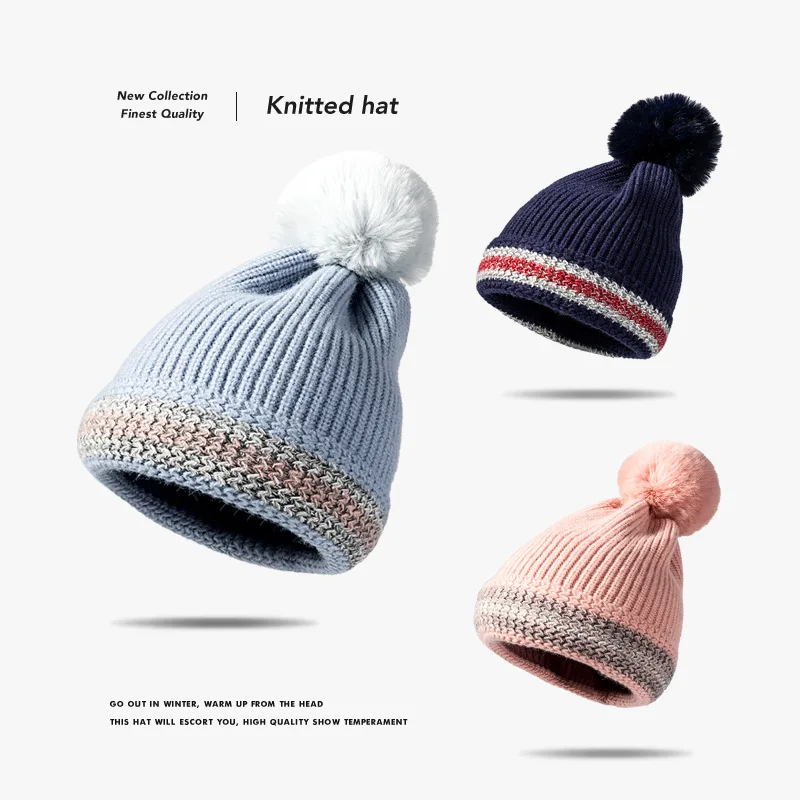 

New Style Hooded Hat, Fur Ball Striped Jacquard Woolen Hat Eaves Flanging Autumn and Winter Outdoor Warmth Thickened Women's Hat