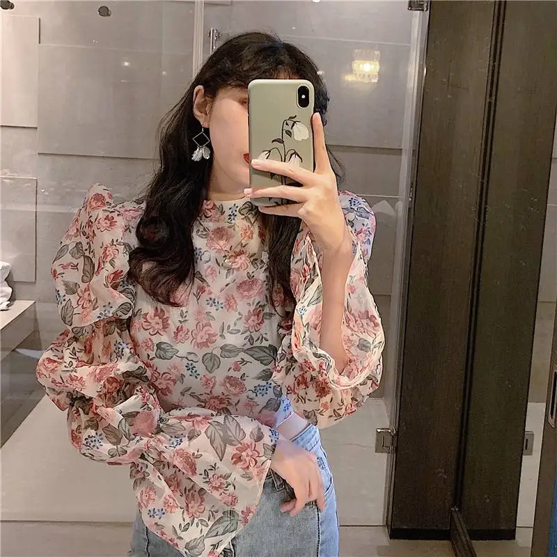 Женская блузка с длинным рукавом винтажная шифоновая цветочным принтом весна