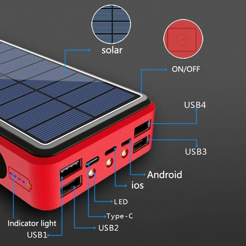 50000mah solar wireless power bank portable phone fast charging external charger 4 usb poverbank led light for iphone xiaomi mi free global shipping