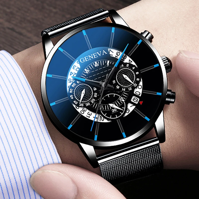 

Luxury Men's Fashion Business Calendar Watches Blue Stainless Steel Mesh Belt Analog Quartz Watch relogio masculino mens watch