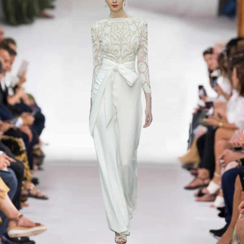 

European Runway Designers Elegant O-neck Long Sleeve White Lace Embroidery Top+high Waist Long Pant Sets for Women 2022